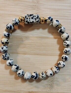 Hand Crafted Dalmatian Jasper Stretch Bracelet With Gold Accents Black Beige